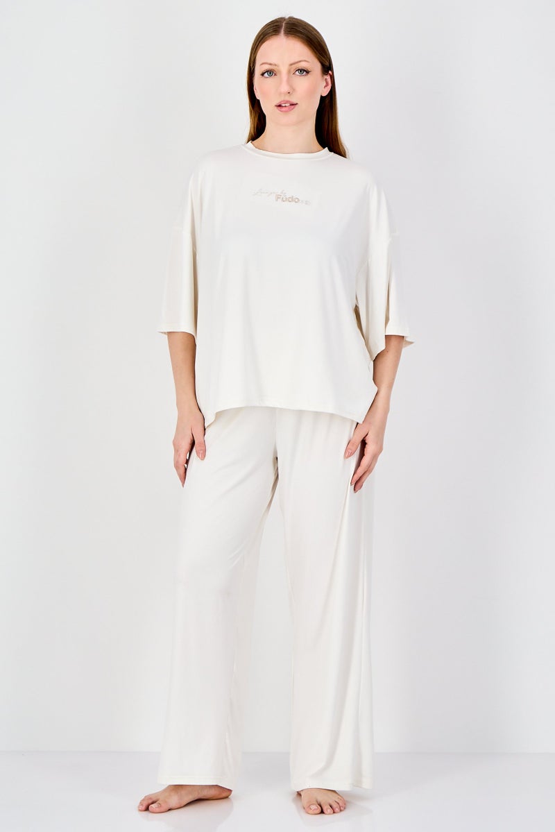 Fudo Women 2Pcs Embroidered Logo Pajama Top And Bottom Set, Ivory - Image 1