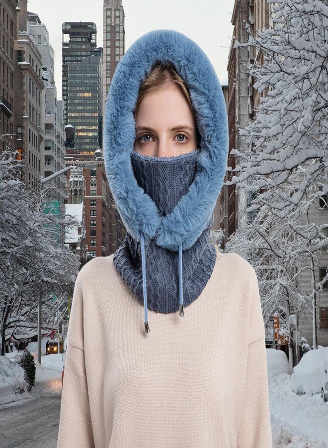 HUAMULAN Women Winter Beanie Hats One-Piece Fleece Lined Knit Balaclavas Mask Set Skull Neck Circle Scarf Ski Snow Hat Cap with Pompom, M9876-blue, One size - Image 5