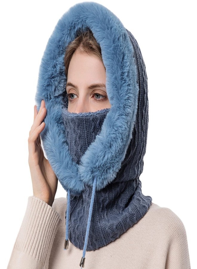 HUAMULAN Women Winter Beanie Hats One-Piece Fleece Lined Knit Balaclavas Mask Set Skull Neck Circle Scarf Ski Snow Hat Cap with Pompom, M9876-blue, One size - Image 1