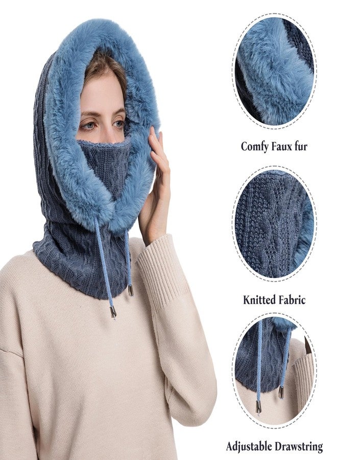 HUAMULAN Women Winter Beanie Hats One-Piece Fleece Lined Knit Balaclavas Mask Set Skull Neck Circle Scarf Ski Snow Hat Cap with Pompom, M9876-blue, One size - Image 3