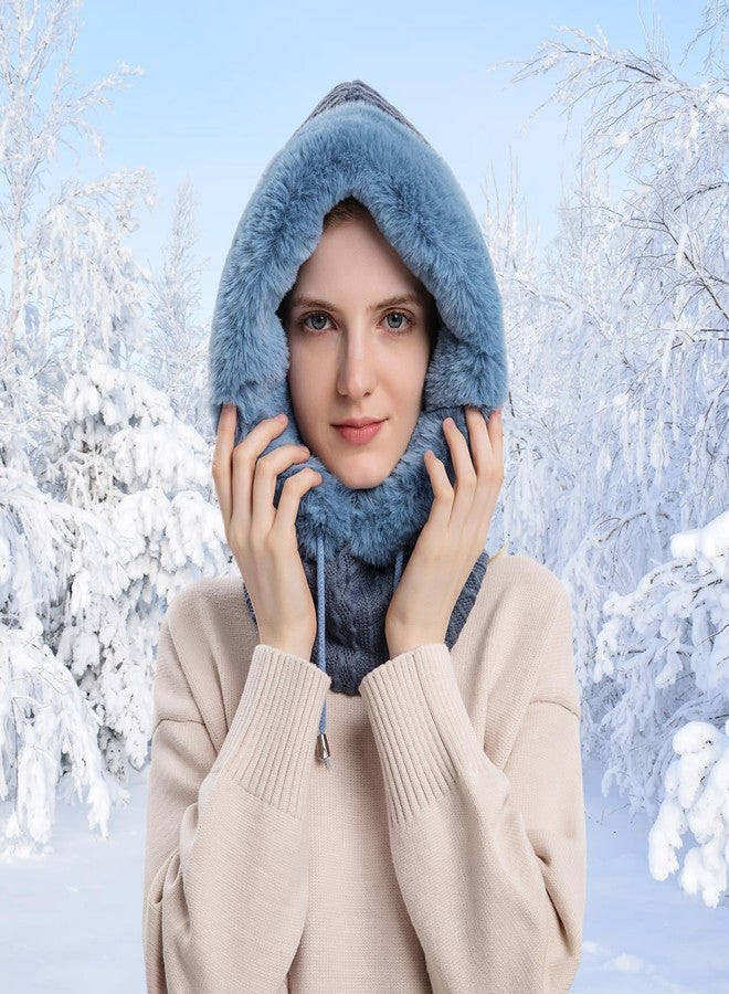 HUAMULAN Women Winter Beanie Hats One-Piece Fleece Lined Knit Balaclavas Mask Set Skull Neck Circle Scarf Ski Snow Hat Cap with Pompom, M9876-blue, One size - Image 2