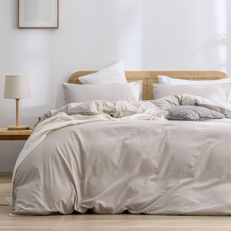BESTOUCH Duvet Cover Set 100 Washed Cotton Linen Feel Super Soft Comfortable Chic Lightweight 3 PCs Home Bedding Set Solid Linen Grey Oversized Full