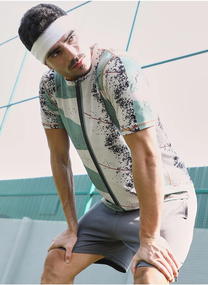 Campus Sutra Campus Sutra Men's Sage Green & Off-White Abstract-Geo Activewear T-Shirt For Casual Wear | Crew Neck | Short Sleeves | Jersey T-Shirt Crafted With Comfort Fit For Everyday Wear