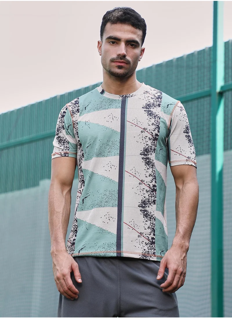 Campus Sutra Campus Sutra Men's Sage Green & Off-White Abstract-Geo Activewear T-Shirt For Casual Wear | Crew Neck | Short Sleeves | Jersey T-Shirt Crafted With Comfort Fit For Everyday Wear