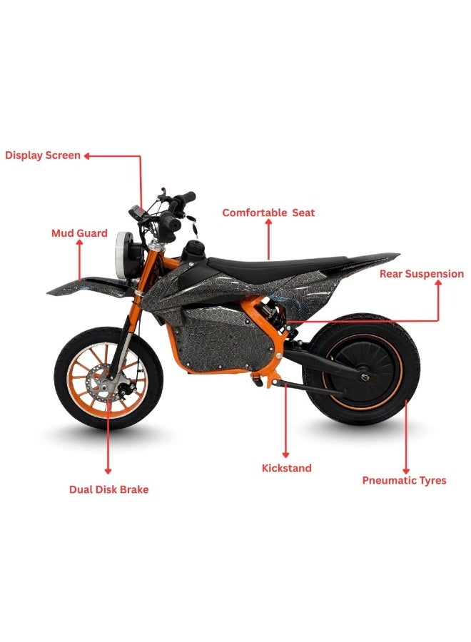 Pro Racing Kids Electric Dirt Bike 60KMH High Torque Performance Motor Smart Digital Display and Adjustable Off Road Suspension Black and Orange - Image 3