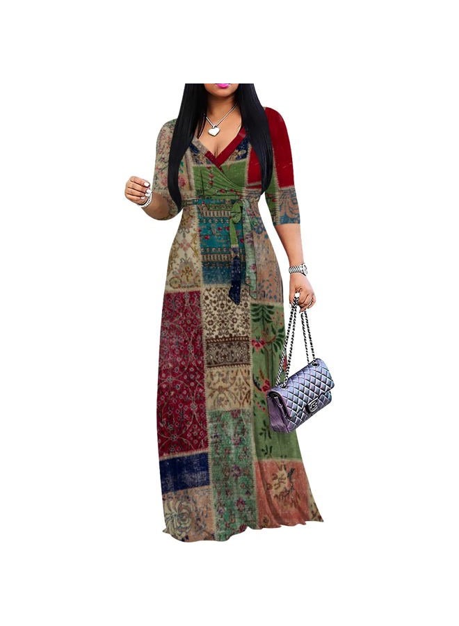 PinkPatty Women's Print Maxi Dresses 3/4 Sleeves Flowy Long Dress V Neck Wrap Tie Waist Sundress, A-colorful11, L - Image 1