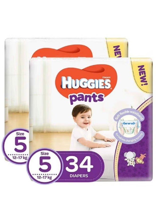 HUGGIES Active Baby Diaper Pants, Size 5, 12-17Kg, Promo Pack of 2 x 34’s