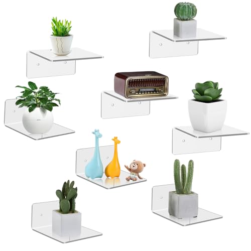 Bolidery 8 Pack Small Wall Shelf, 4'' Acrylic Shelves Display Ledges for Storage & Decoration, Small Floating Shelf for Wall with 2 Types of Installation (Adhesive or Screw) - Image 1