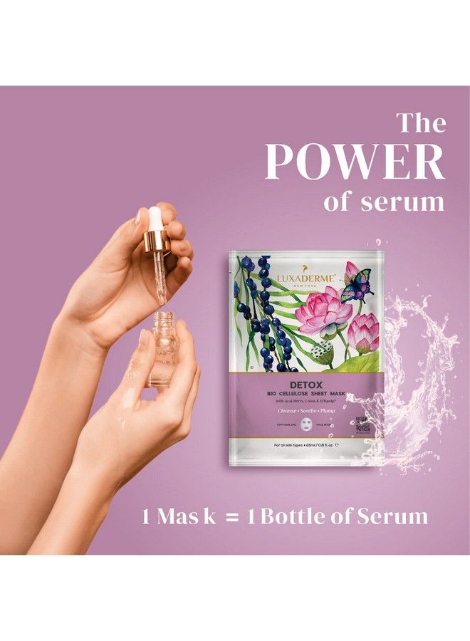 LuxaDerme Detox Bio Cellulose Face Sheet Mask With Antioxidants Acai Berry & Coq10 Serum. Reduces Toxins & Pollutants. Moisturize & Brighten. All Skin Types. 100% Fermented Coconut Jelly. (Pack Of 2) - Image 3