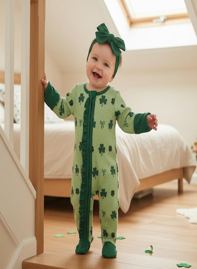 Amnnchya Irish Festival Baby Girls 2 Piece Outfits Long Sleeve Round Neck Shamrock Bow Print Footed Jumpsuit with Headband (Green, Newborn) - Image 4