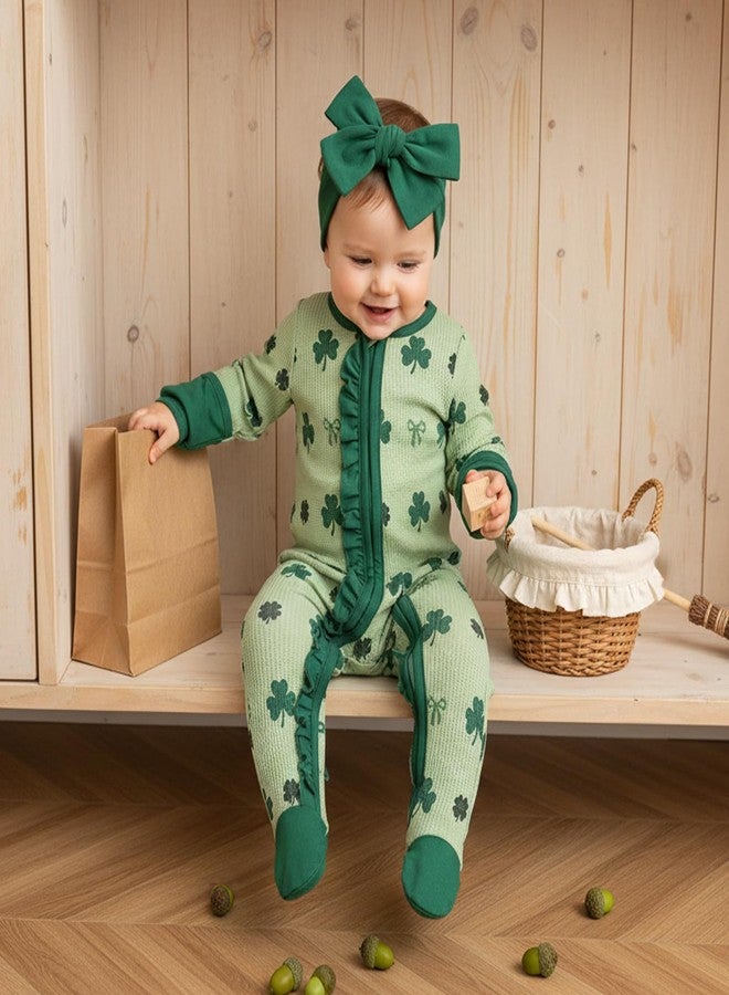 Amnnchya Irish Festival Baby Girls 2 Piece Outfits Long Sleeve Round Neck Shamrock Bow Print Footed Jumpsuit with Headband (Green, Newborn) - Image 2