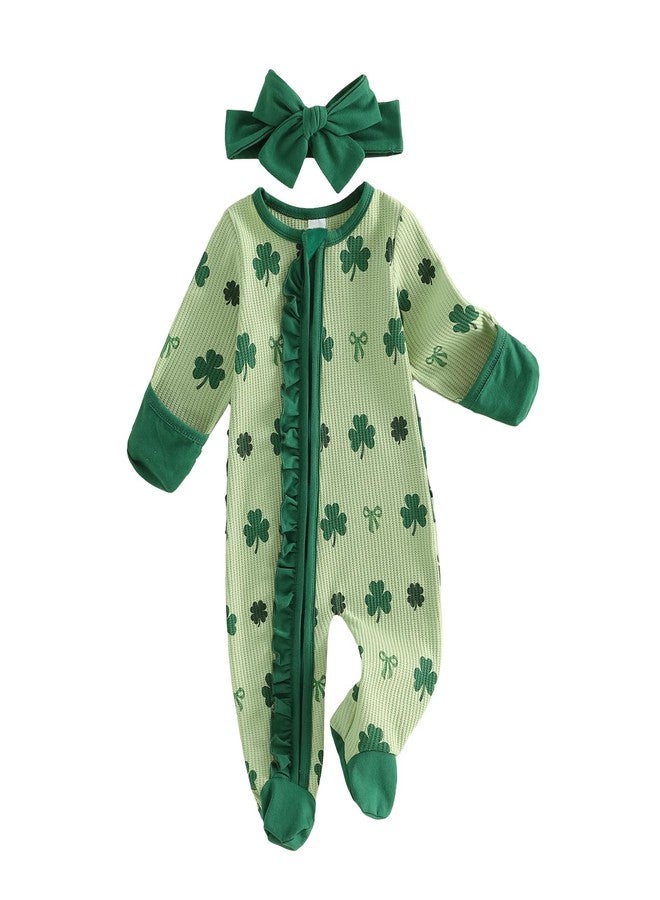 Amnnchya Irish Festival Baby Girls 2 Piece Outfits Long Sleeve Round Neck Shamrock Bow Print Footed Jumpsuit with Headband (Green, Newborn) - Image 1