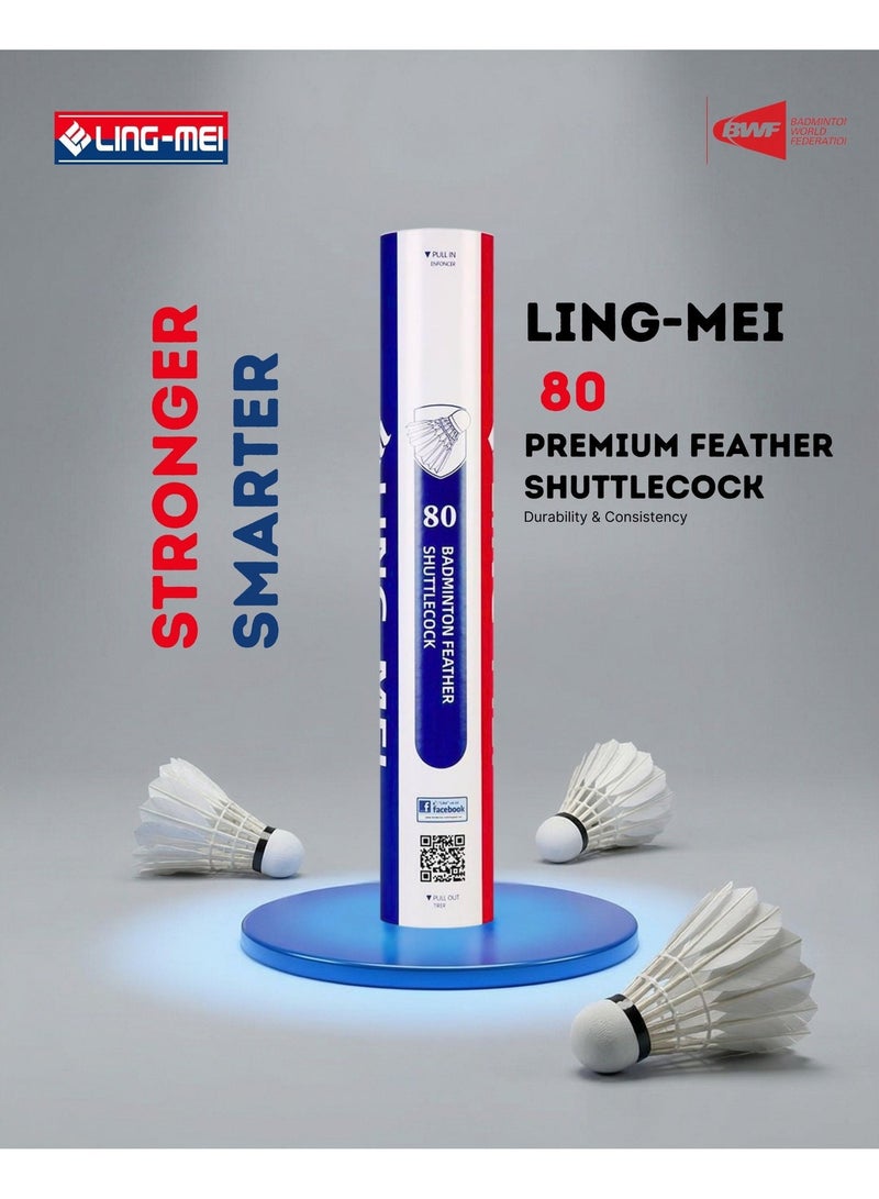 LING-MEI 80 Goose Feather Shuttlecock (White) - PACK OF 1 TUBE - Image 1
