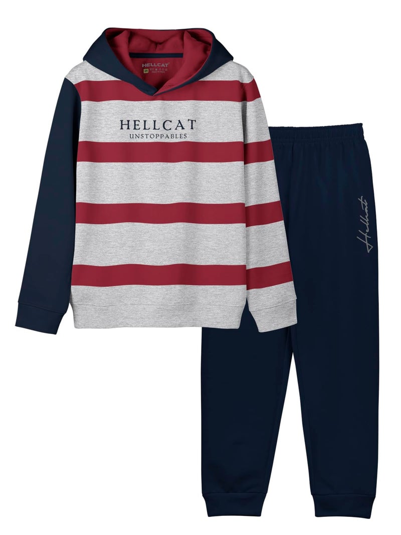 HELLCAT Trendy Printed Cotton Blend Hoodie T-Shirt Jogger Trackpant Clothing Set for Boys - Pack of 1 / White Melange / 9-10 Years - Image 1