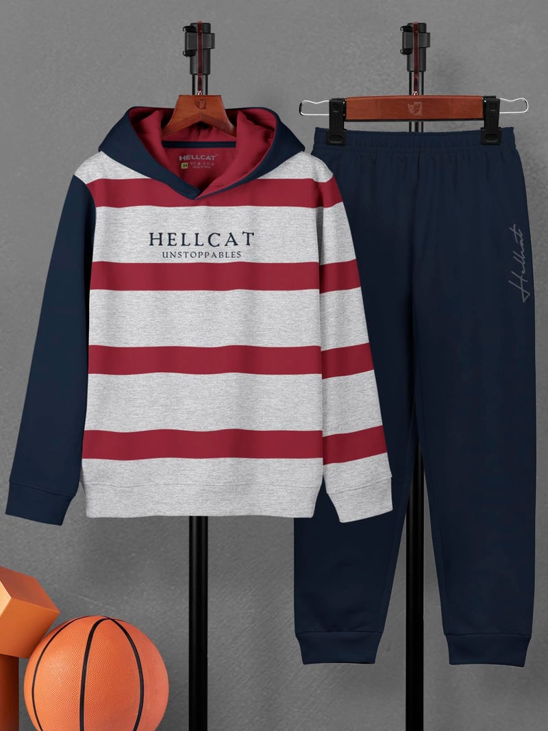 HELLCAT Trendy Printed Cotton Blend Hoodie T-Shirt Jogger Trackpant Clothing Set for Boys - Pack of 1 / White Melange / 9-10 Years - Image 2