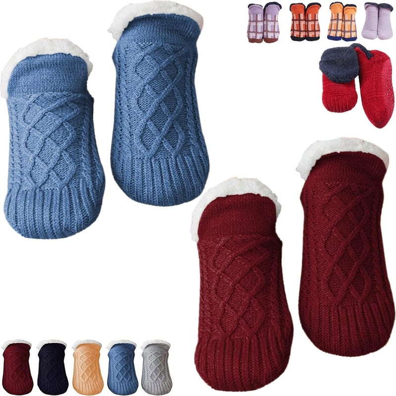 woobles 2 Pairs Woven and Velvet Indoor Socks Slippers, Womens Sherpa Non-Slip Fuzzy Cozy Slipper Socks with Grippers 2pairs B - Image 1