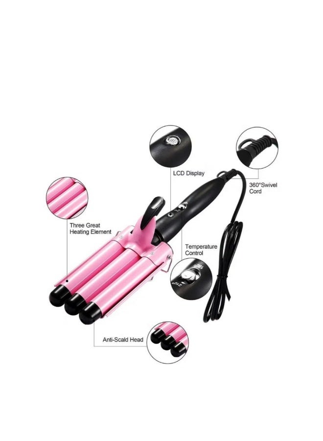3 Barrel Curling Iron Hair Crimper 22mm Professional Hair Curling Wand with Two Temperature Control Fast Heating Portable Crimpers for Waving Hair (Pink) - Image 2