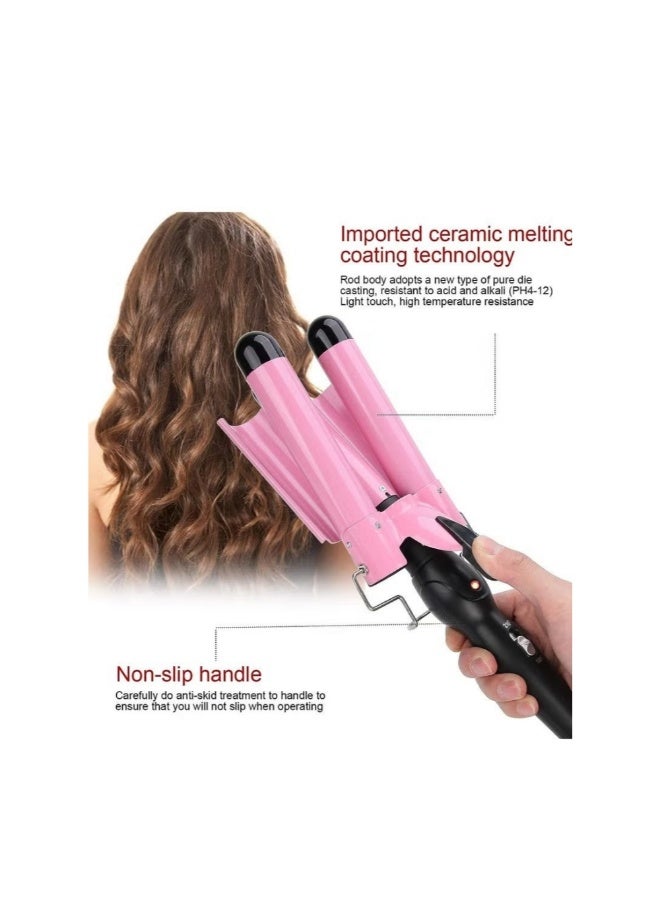 3 Barrel Curling Iron Hair Crimper 22mm Professional Hair Curling Wand with Two Temperature Control Fast Heating Portable Crimpers for Waving Hair (Pink) - Image 4
