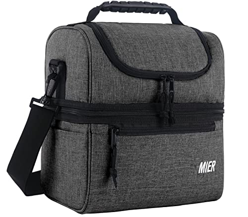 MIER 2 Compartment Lunch Bag for Men Women Leakproof Insulated Cooler Bag for Work Grey Medium