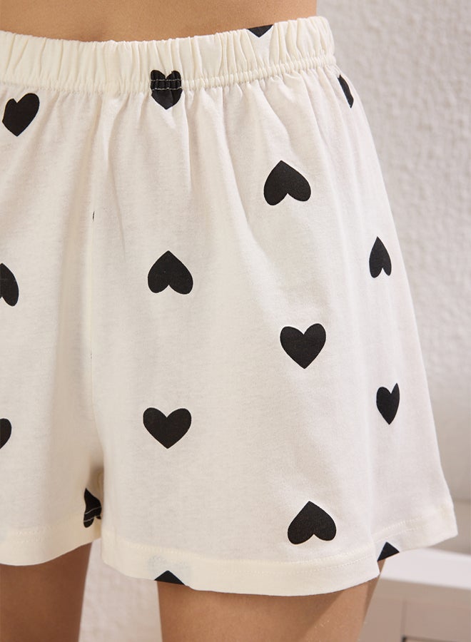 trendyol Ecru-Multi Colourful  100% Cotton Heart Shorts Knitted Pajama Set  - Image 3