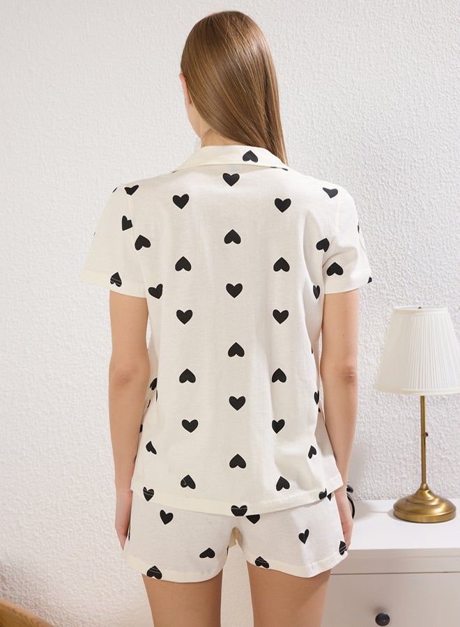 trendyol Ecru-Multi Colourful  100% Cotton Heart Shorts Knitted Pajama Set - Image 4