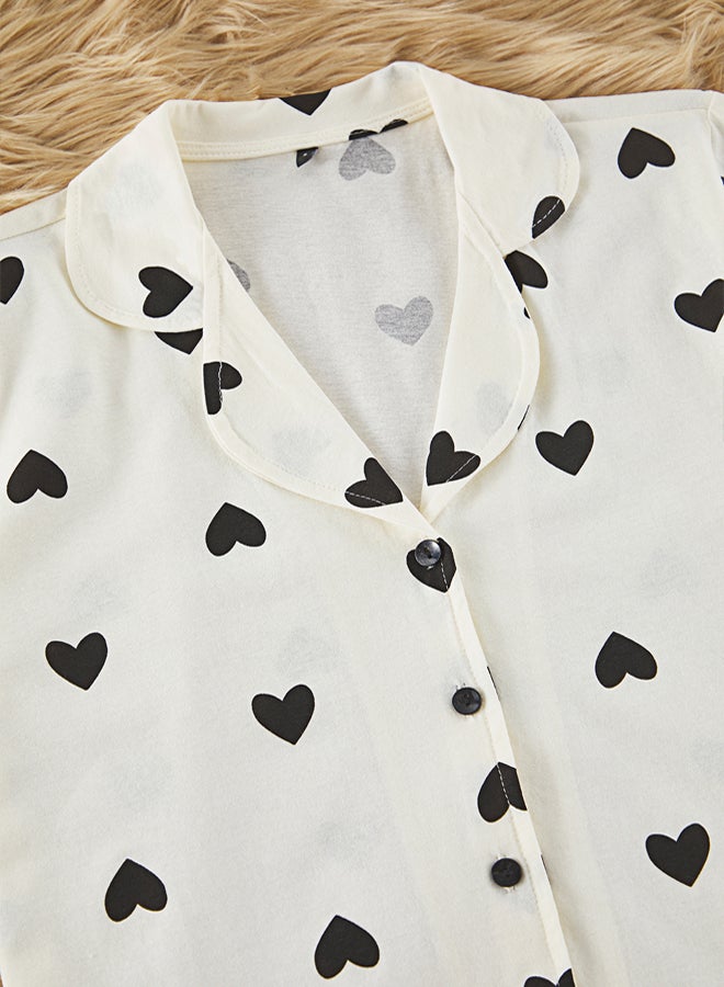 trendyol Ecru-Multi Colourful  100% Cotton Heart Shorts Knitted Pajama Set - Image 5