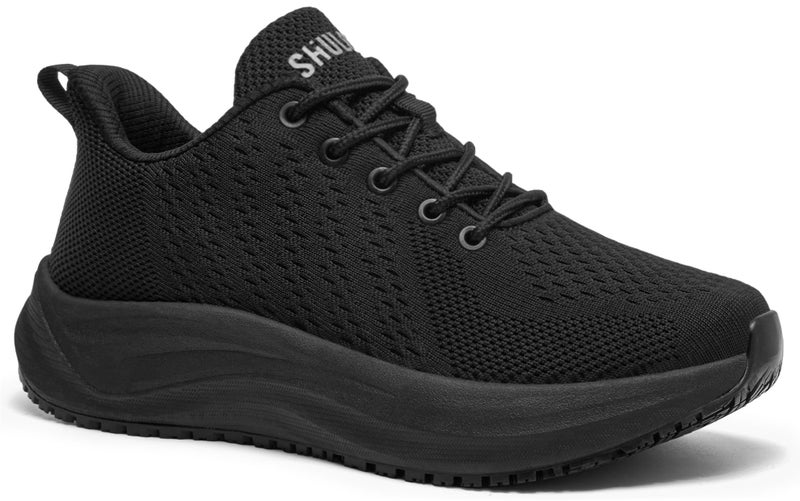 SHULOOK Womens Non Slip Work Shoes Slip Resistant Nurse Sneakers with Arch Fit Support Comfortable Mesh Walking Shoes for Food Service Chef Kitchen Restaurant Black 75 - Image 2