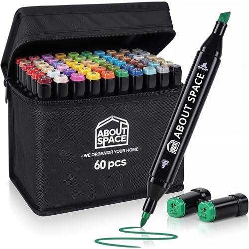 ABOUT SPACE Dual Tip Alcohol Markers-60 Colours with Carrying Case for Sketching Calligraphy Drawing- Odorless, Non-Toxic, Acid-Free Twin Head Colouring Marker for Kids Birthday Return Gift - Image 1