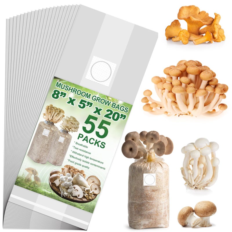 REMIAWY REMIAWY Mushroom Grow Bags 55 Pack Extra Thick 6 Mil Polypropylene Mushroom Spawn Bag 8x5x20 with Breathable 02 Micron Filter Patch Large Autoclavable Bags for Substrates Strong Tear Resistant 