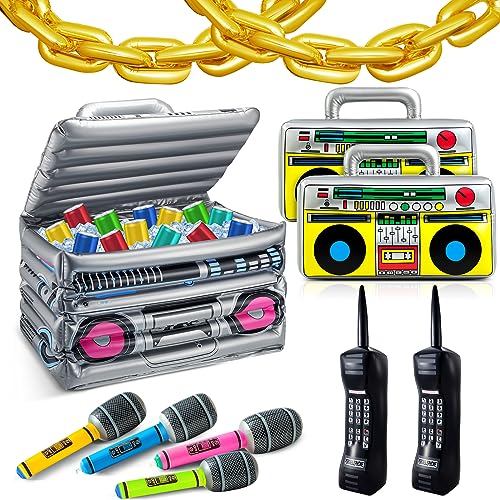Cunhill 29 Pcs 80s 90s Party Decorations Include Inflatable Boom Box Beverage Cooler 20 Gold Foil Chain Balloons 2 Mobile Phones 2 Radio Boombox 4 Microphones for Hip Hop Theme Supplies Cosplay Props - Image 1
