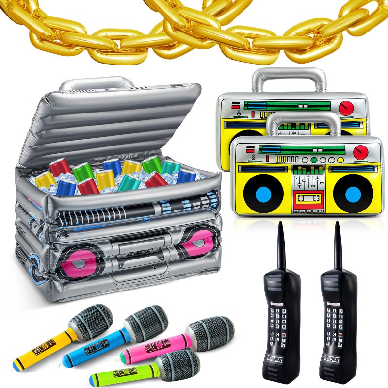 Cunhill 29 Pcs 80s 90s Party Decorations Include Inflatable Boom Box Beverage Cooler 20 Gold Foil Chain Balloons 2 Mobile Phones 2 Radio Boombox 4 Microphones for Hip Hop Theme Supplies Cosplay Props - Image 2
