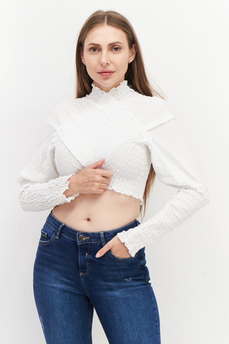 NA-KD بلوزة نسائية بسيطة مع كشكشة من الأمام، بيضاء - Image 1