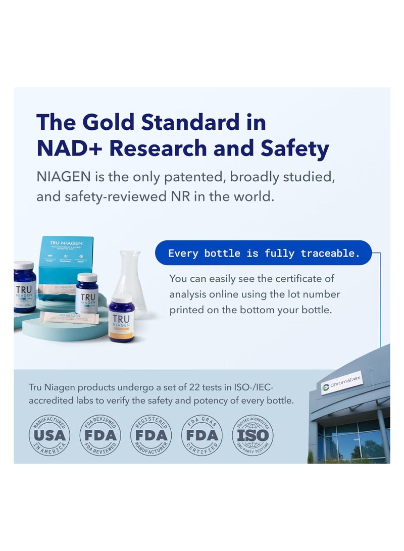 ترو نياجين TRU NIAGEN NAD+ Booster مع الترطيب ودعم البريبايوتك الحائز على جائزة مسحوق خلط النيكوتيناميد ريبوسيد للطاقة الخلوية والإصلاح والشيخوخة الصحية - عبوات عصا 30 قيراط/300 مجم: مكمل أثناء التنقل - Image 4