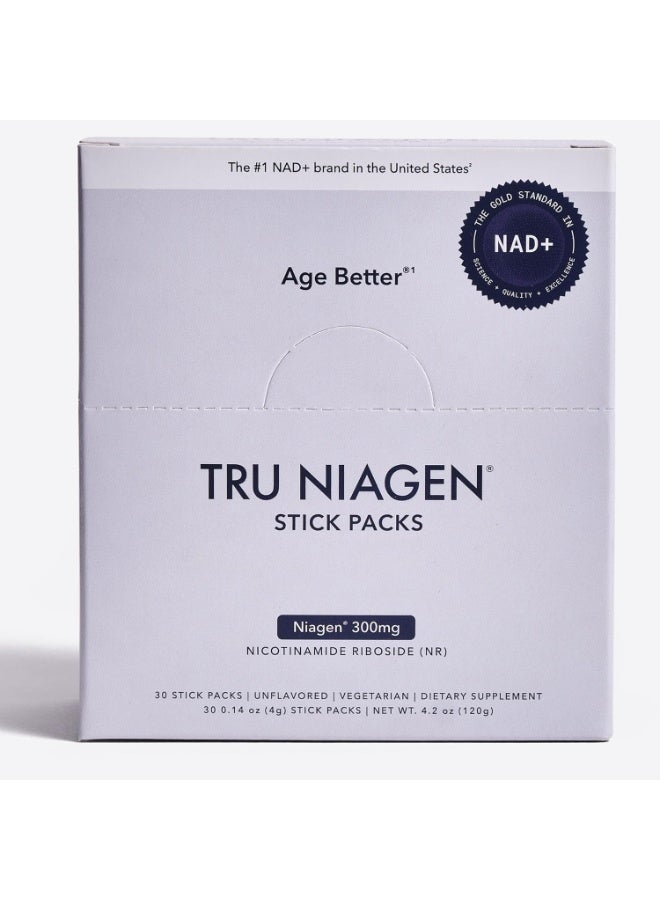 ترو نياجين TRU NIAGEN NAD+ Booster مع الترطيب ودعم البريبايوتك الحائز على جائزة مسحوق خلط النيكوتيناميد ريبوسيد للطاقة الخلوية والإصلاح والشيخوخة الصحية - عبوات عصا 30 قيراط/300 مجم: مكمل أثناء التنقل - Image 1