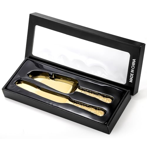 Dicunoy 2 PCS Gold Cake Knife and Server Set, Wedding Cake Cutting Utensils, Vintage Engraved Cake Cutter and Serving Spatula for Birthday,Anniversary, Vibrant Gold - Image 4