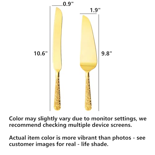 Dicunoy 2 PCS Gold Cake Knife and Server Set, Wedding Cake Cutting Utensils, Vintage Engraved Cake Cutter and Serving Spatula for Birthday,Anniversary, Vibrant Gold - Image 2