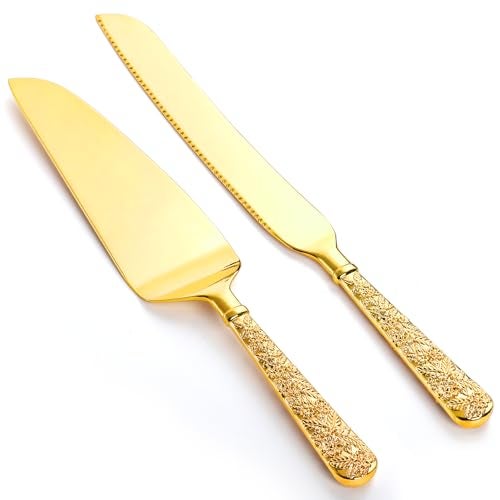 Dicunoy 2 PCS Gold Cake Knife and Server Set, Wedding Cake Cutting Utensils, Vintage Engraved Cake Cutter and Serving Spatula for Birthday,Anniversary, Vibrant Gold - Image 1