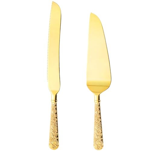 Dicunoy 2 PCS Gold Cake Knife and Server Set, Wedding Cake Cutting Utensils, Vintage Engraved Cake Cutter and Serving Spatula for Birthday,Anniversary, Vibrant Gold - Image 3