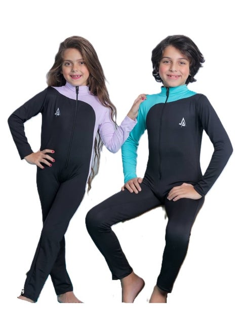 بدلة سباحة للأولاد و البنات للحماية من الشمس - قطعة واحدة، أكمام طويلة وبنطلون طويل