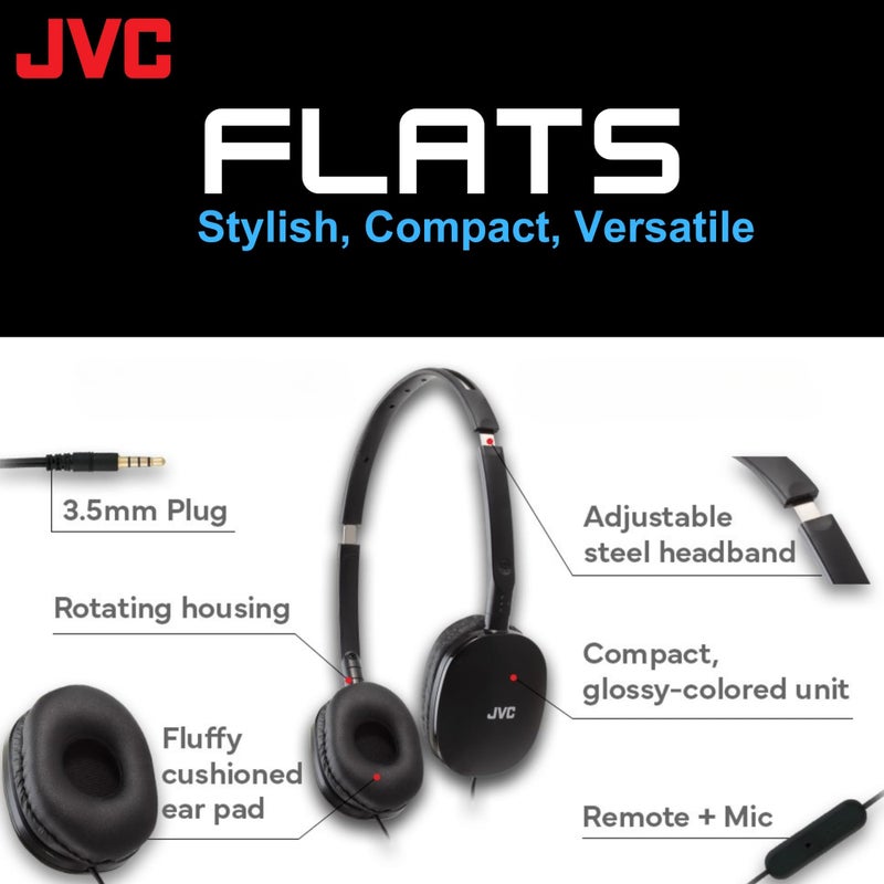 JVC سماعات رأس ملونة قابلة للطي مسطحة من JVC مع جهاز تحكم وميكروفون، سلك بطول 3.94 قدم موصل نحاسي 3.5 مم - HAS160MB، قابلة للتعديل - Image 2