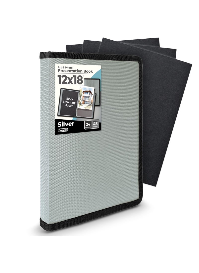 Dunwell Dunwell 12x18 Art Portfolio Binder with Mounting Paper Silver Large Portfolio Folder for Artwork Storage 24 Clear Sleeves Display 48 Pages AcidFree Poly 12 x 18 Presentation Book 