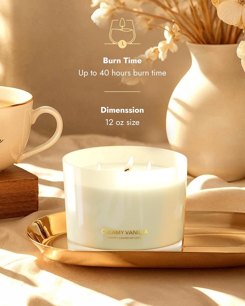96NORTH Creamy Vanilla Scented Candles | Large 3 Wick Jar Candle | Up to 40 Hours Burning Time | 100% Natural Soy Wax | Relaxing Scented Candle for Home | Gift-Ready Luxury Candle for Men & Women - Image 3