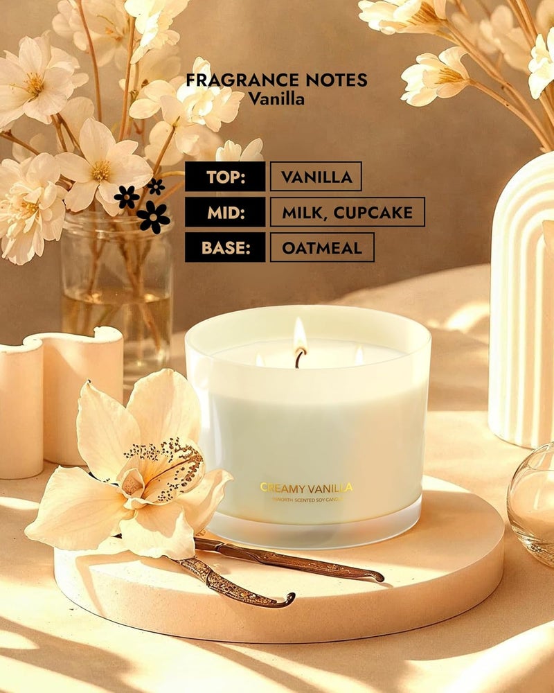 96NORTH Creamy Vanilla Scented Candles | Large 3 Wick Jar Candle | Up to 40 Hours Burning Time | 100% Natural Soy Wax | Relaxing Scented Candle for Home | Gift-Ready Luxury Candle for Men & Women - Image 4