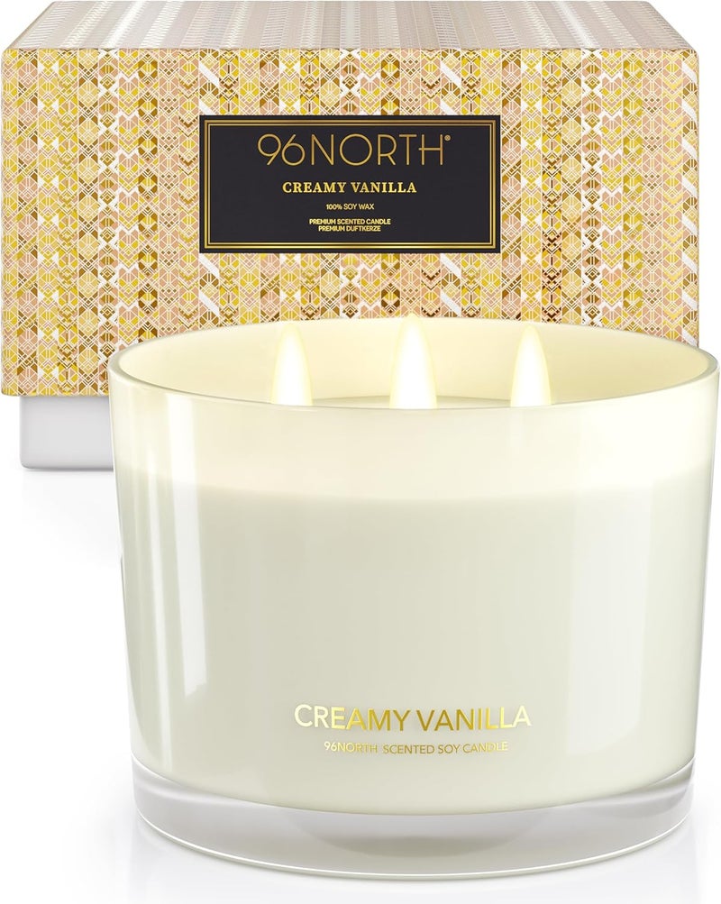 96NORTH Creamy Vanilla Scented Candles | Large 3 Wick Jar Candle | Up to 40 Hours Burning Time | 100% Natural Soy Wax | Relaxing Scented Candle for Home | Gift-Ready Luxury Candle for Men & Women - Image 1