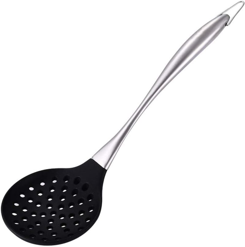 Oicia Skimmer, Non-stick Silicone Strainer, Kitchen Cooking Skimmers For Non-Stick Cookware, Silicone Slotted Spoon, Stainless Steel Handle Skimmer, Cooking Utensil for Serving Soup (Pack of 1, Black) - Image 1