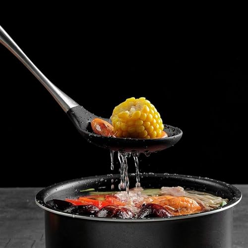 Oicia Skimmer, Non-stick Silicone Strainer, Kitchen Cooking Skimmers For Non-Stick Cookware, Silicone Slotted Spoon, Stainless Steel Handle Skimmer, Cooking Utensil for Serving Soup (Pack of 1, Black) - Image 4