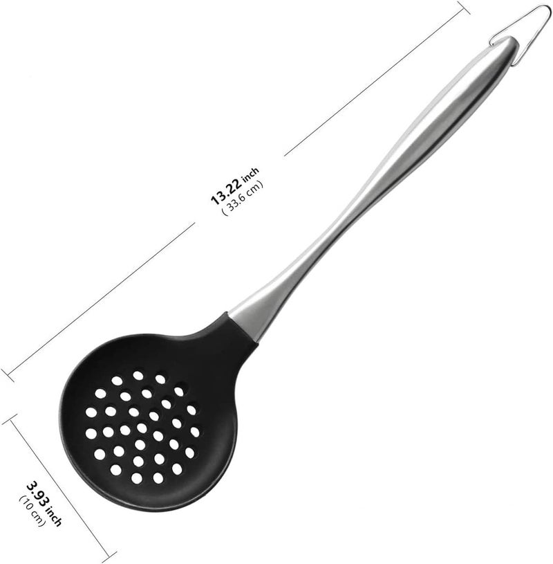 Oicia Skimmer, Non-stick Silicone Strainer, Kitchen Cooking Skimmers For Non-Stick Cookware, Silicone Slotted Spoon, Stainless Steel Handle Skimmer, Cooking Utensil for Serving Soup (Pack of 1, Black) - Image 2