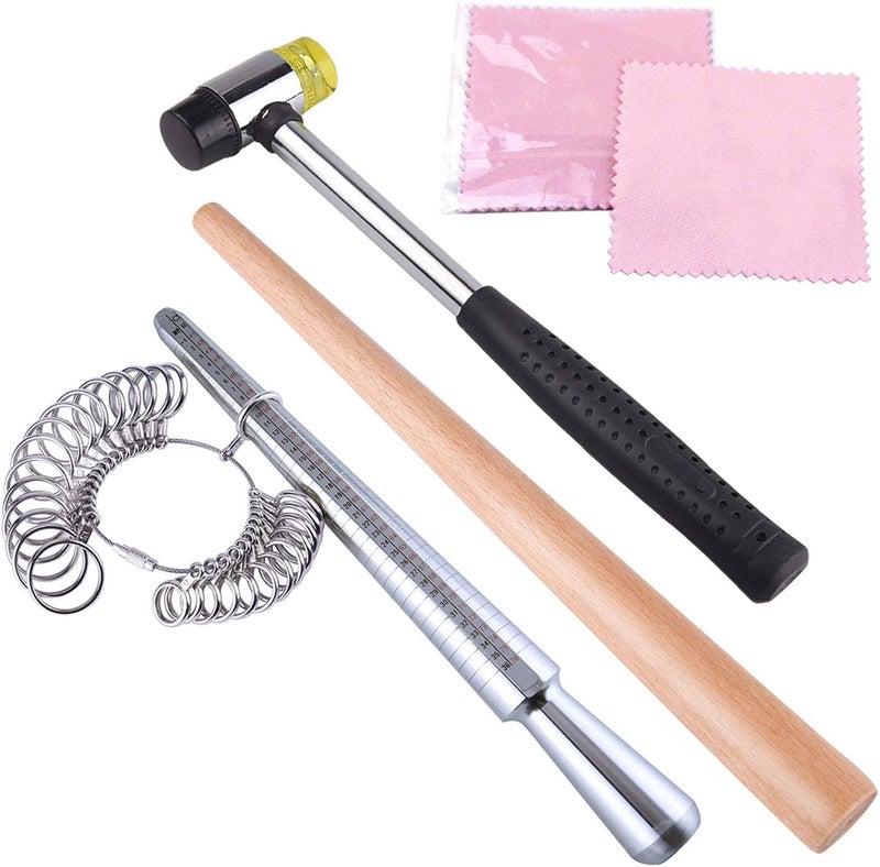 KUUQA Metal Ring Mandrel Ring Sizer Ring Sizer Gauge Set Rubber Hammer Mallet Wood Ring Mandrel Adjuster Stick with 2 Piece Jewelry Polishing Cloths Jewelry Making Kit - Image 1