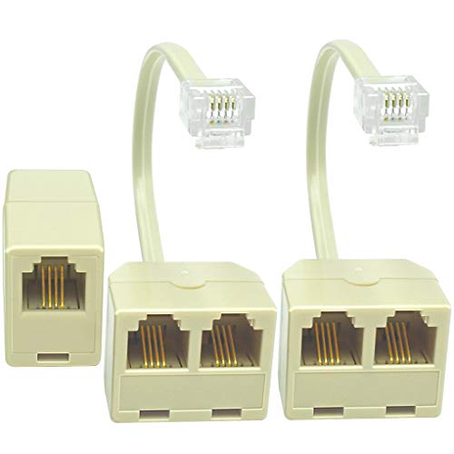 NECABLES 2+1Pack 2pcs Phone Line Splitter 1 to 2 RJ11 6P4C 1 Male to 2 Females with 5in Pigtail and 1pc Phone Line Coupler for Landline and Fax Ivory - Image 1