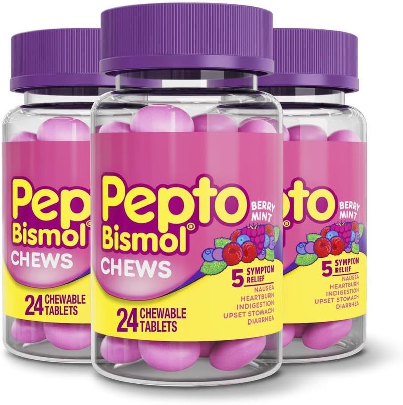 Pepto Bismol Chews, Fast and Effective Digestive Relief from Nausea, Heartburn, Indigestion, Upset Stomach, Diarrhea, Berry Mint Flavor, 72 Total (3 Packs of 24)